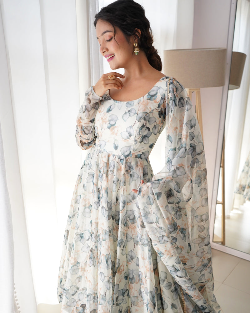 Paan Print White Colour Organza Three Piece Anarkali Suit