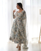 Paan Print White Colour Organza Three Piece Anarkali Suit