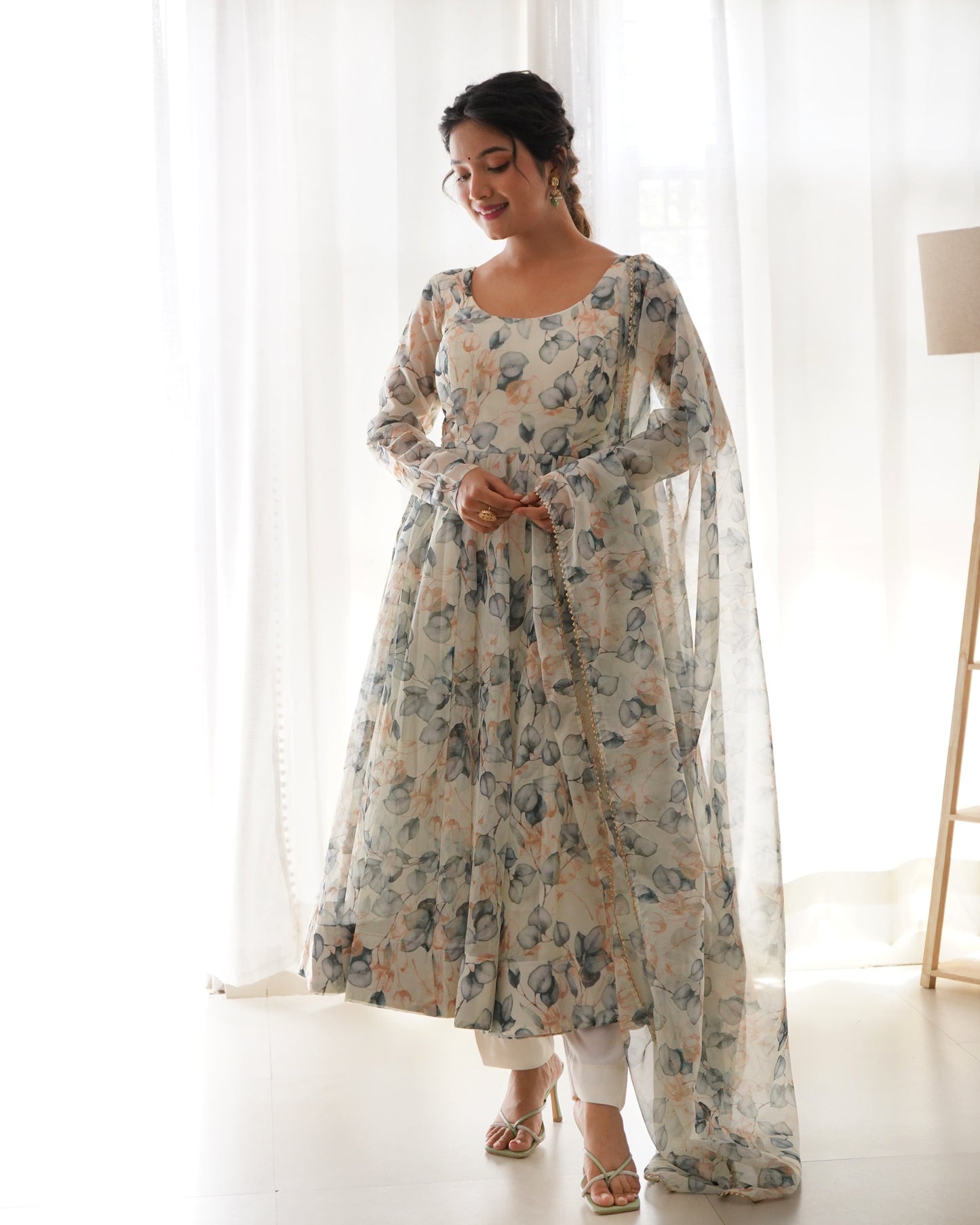 Paan Print White Colour Organza Three Piece Anarkali Suit