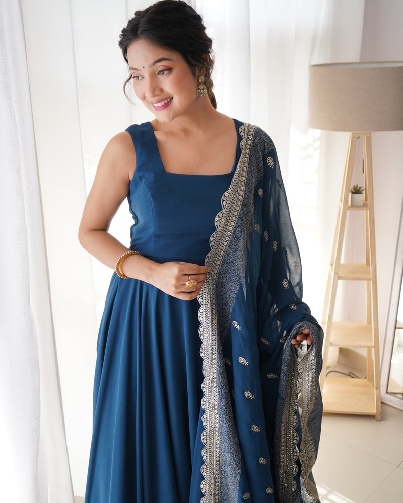 Rama Color Anarkali Gown With Heavy Embroidered Dupatta