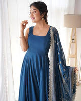 Rama Color Anarkali Gown With Heavy Embroidered Dupatta