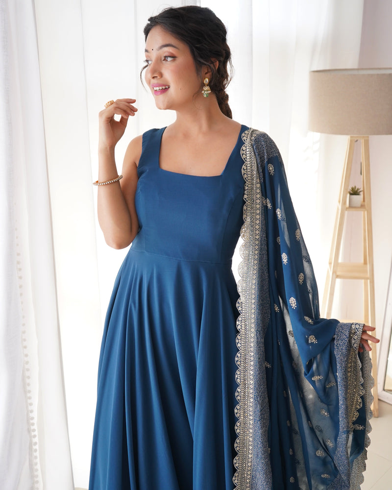 Rama Color Anarkali Gown With Heavy Embroidered Dupatta