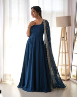 Rama Color Anarkali Gown With Heavy Embroidered Dupatta