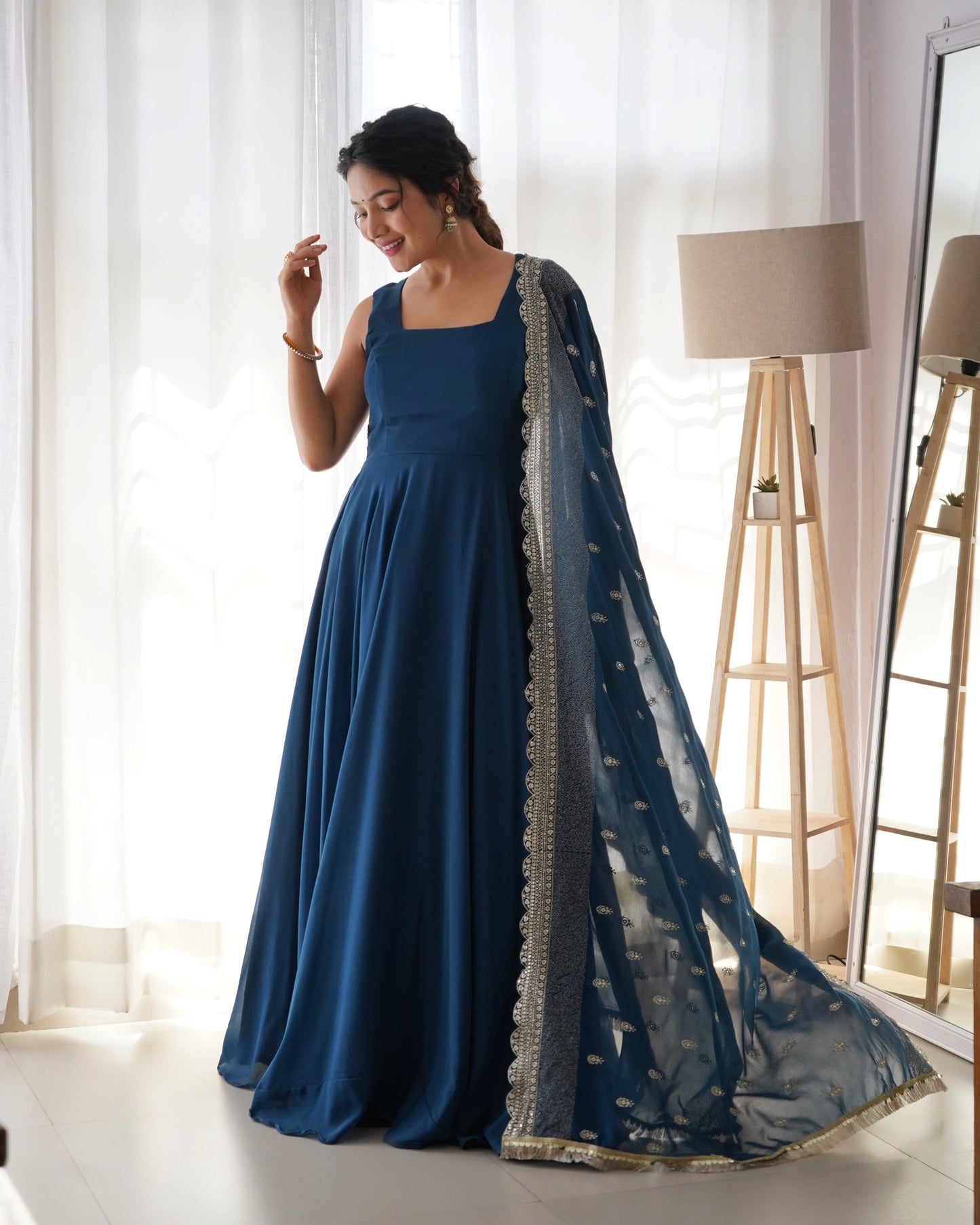 Rama Color Anarkali Gown With Heavy Embroidered Dupatta