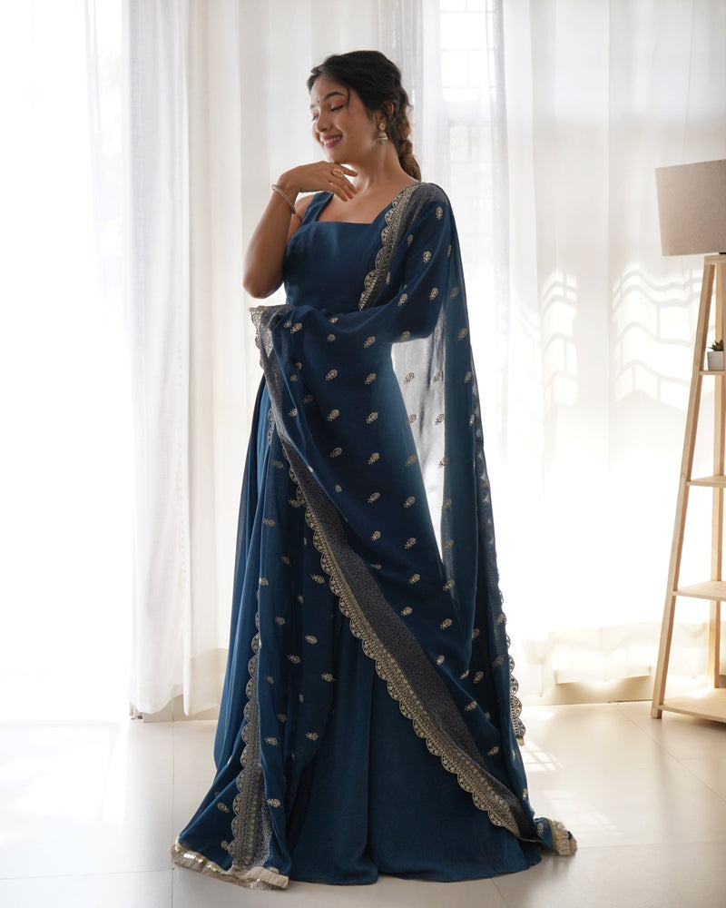 Rama Color Anarkali Gown With Heavy Embroidered Dupatta