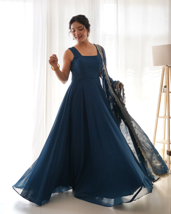 Rama Color Anarkali Gown With Heavy Embroidered Dupatta