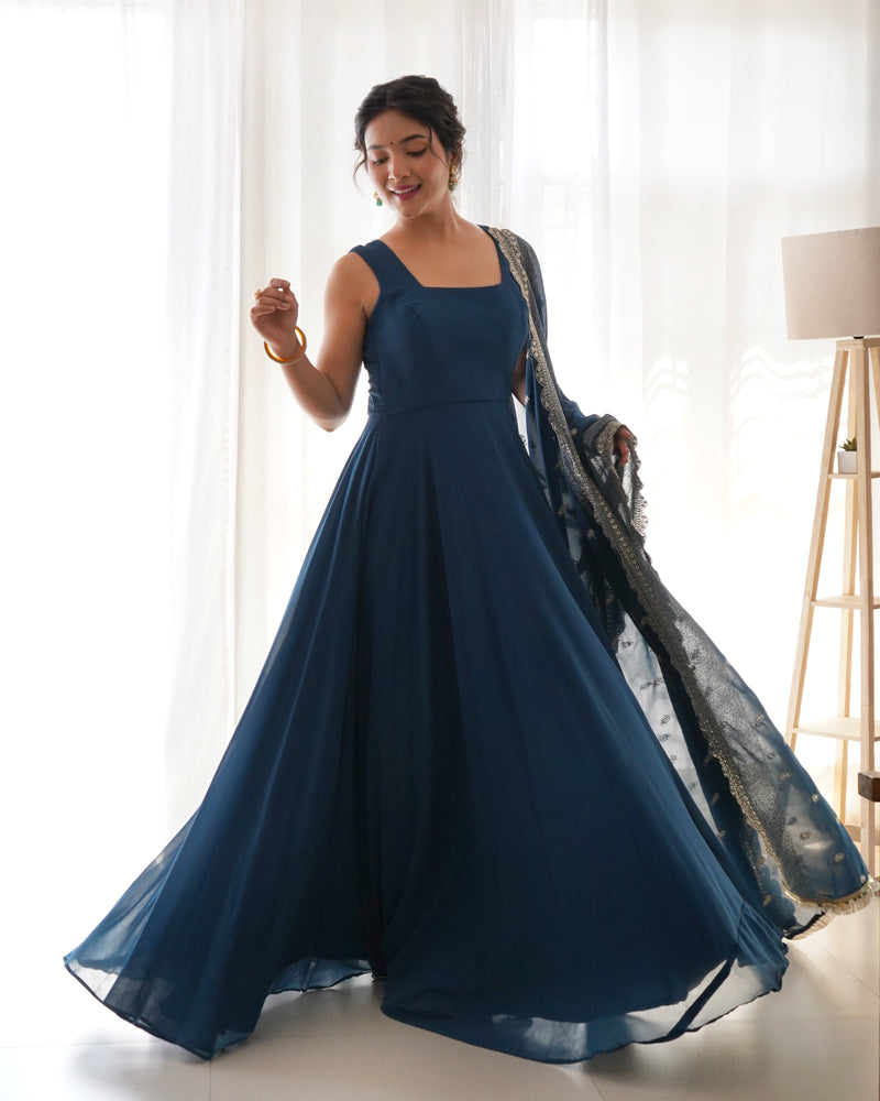 Rama Color Anarkali Gown With Heavy Embroidered Dupatta