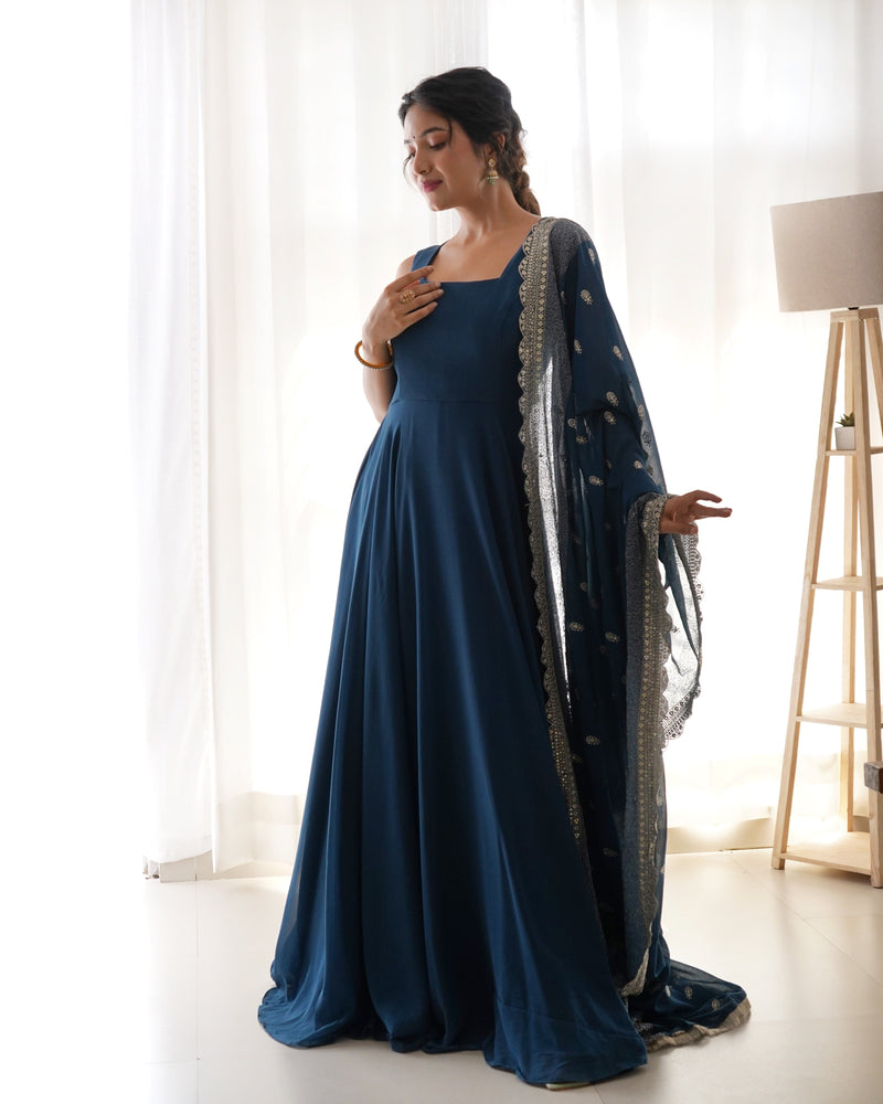 Rama Color Anarkali Gown With Heavy Embroidered Dupatta