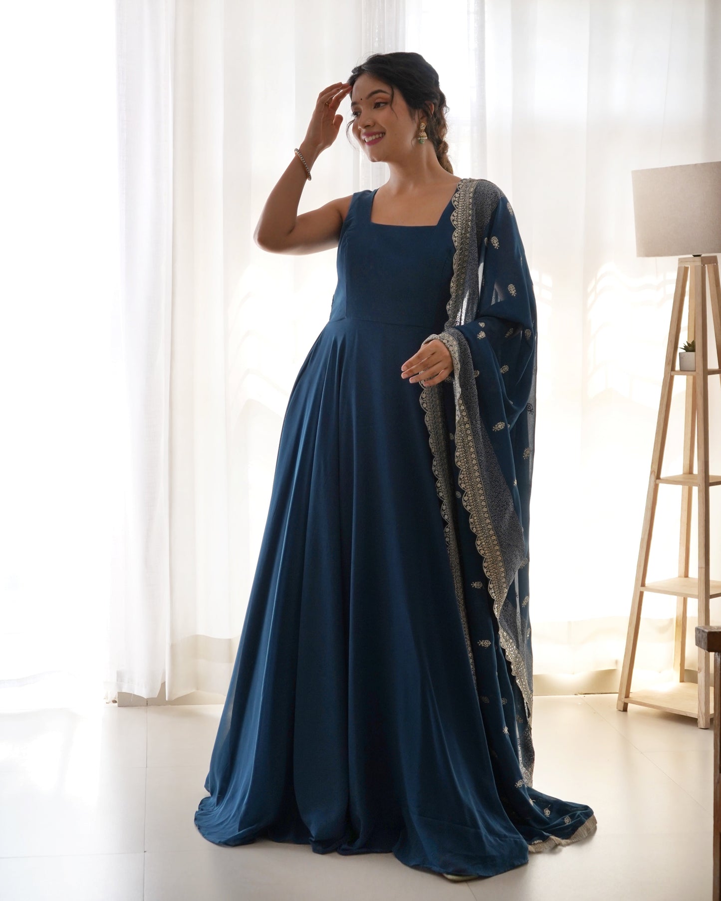 Rama Color Anarkali Gown With Heavy Embroidered Dupatta