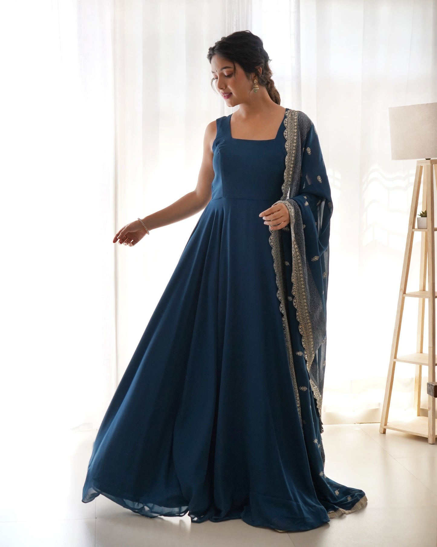 Rama Color Anarkali Gown With Heavy Embroidered Dupatta