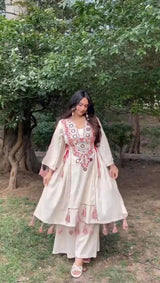 Premium Embroidered Reyon Cord-Set with Mirror Work, Tassels & Palazzo – Sizes M to XXL