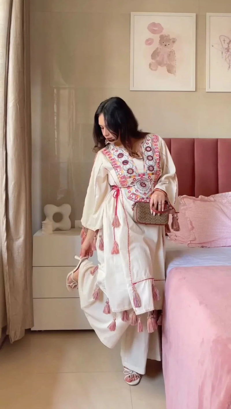 Premium Embroidered Reyon Cord-Set with Mirror Work, Tassels & Palazzo – Sizes M to XXL