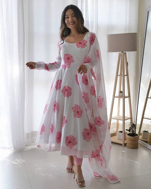 White Rose Colour Three Piece Organza Tebby Anarkali Suit