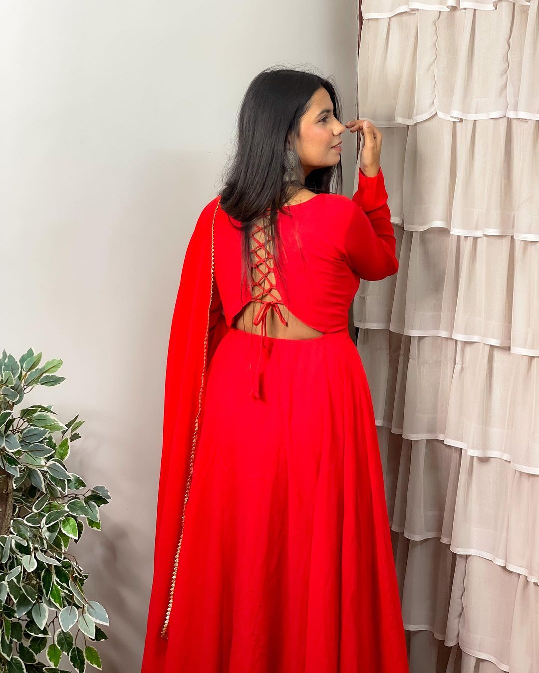 Meenakshi Karmakar Designer Back String Style Red Colour Three Piece Anarkali Suit