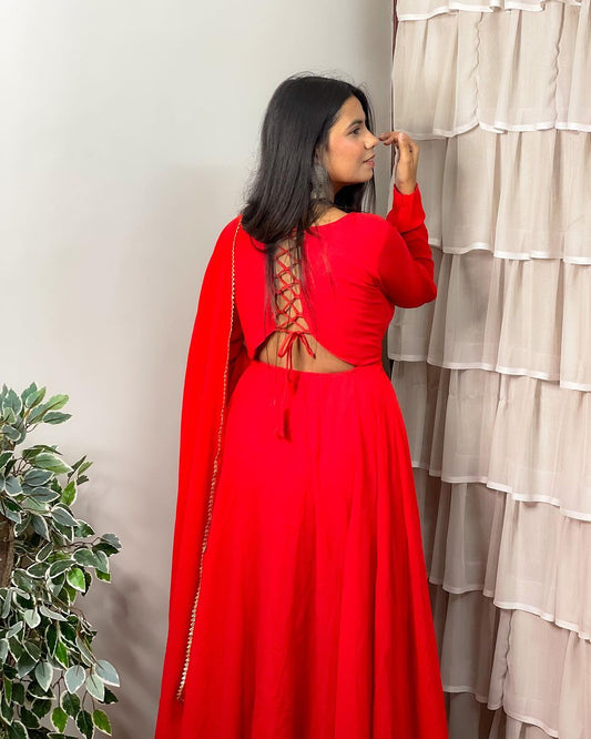 Meenakshi Karmakar Designer Back String Style Red Colour Three Piece Anarkali Suit