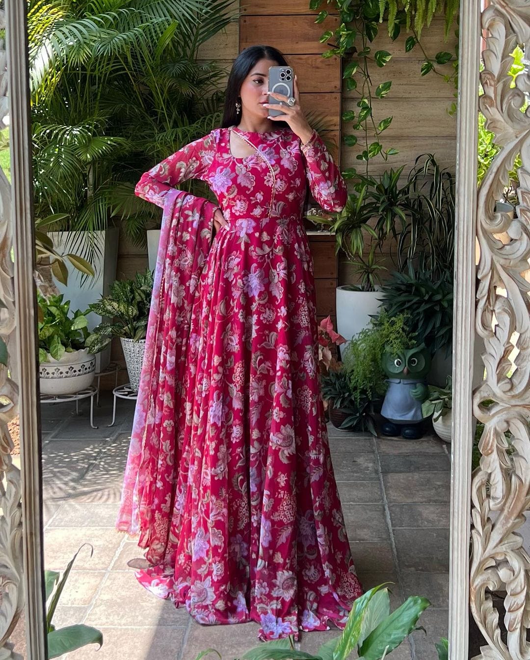 Isha Sharma Stylish Neck Design Soft Georgette Floral Pink Color Three Piece Anarkali Suit