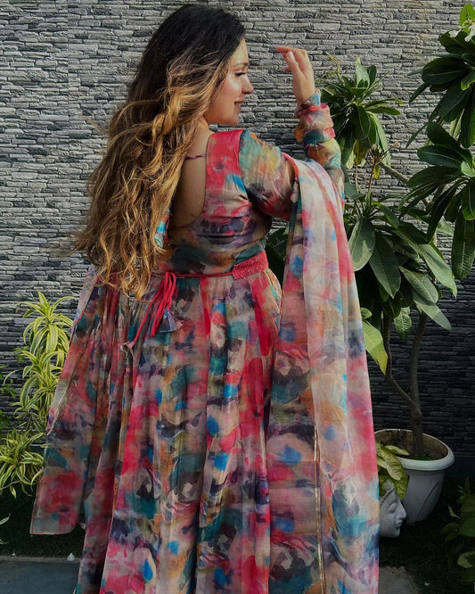 Radhika Khurana Red Multi Color Print Organza Three Piece Anarkali Suit