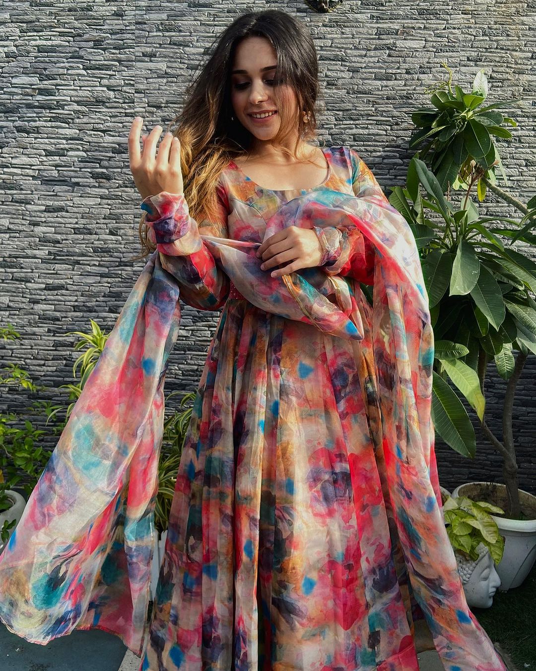 Radhika Khurana Red Multi Color Print Organza Three Piece Anarkali Suit