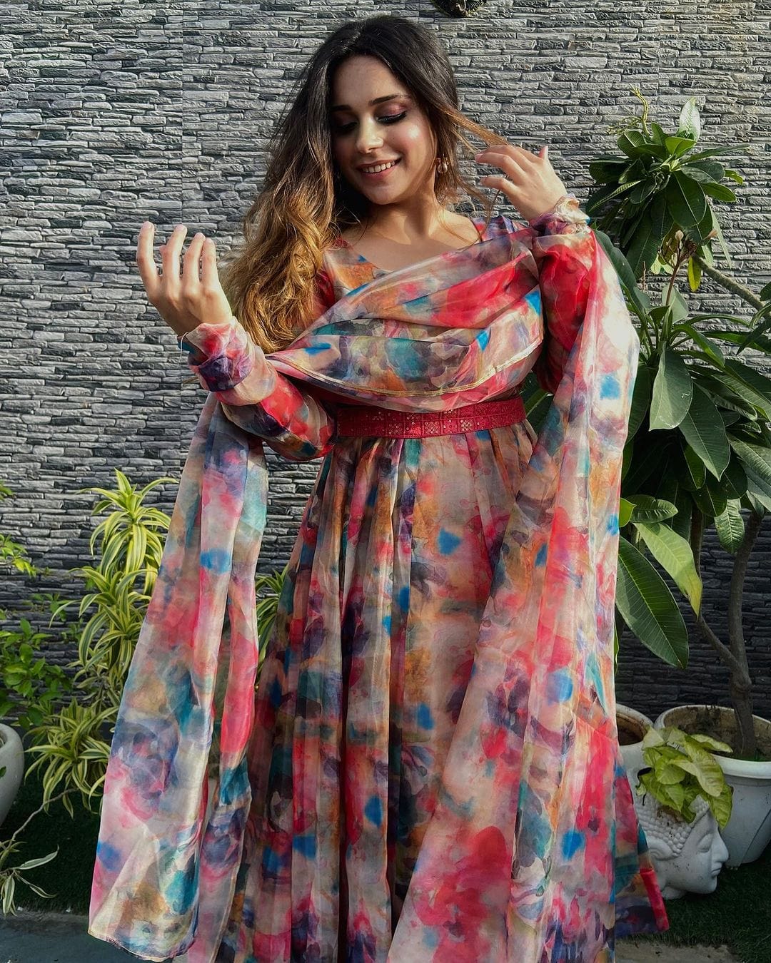 Radhika Khurana Red Multi Color Print Organza Three Piece Anarkali Suit