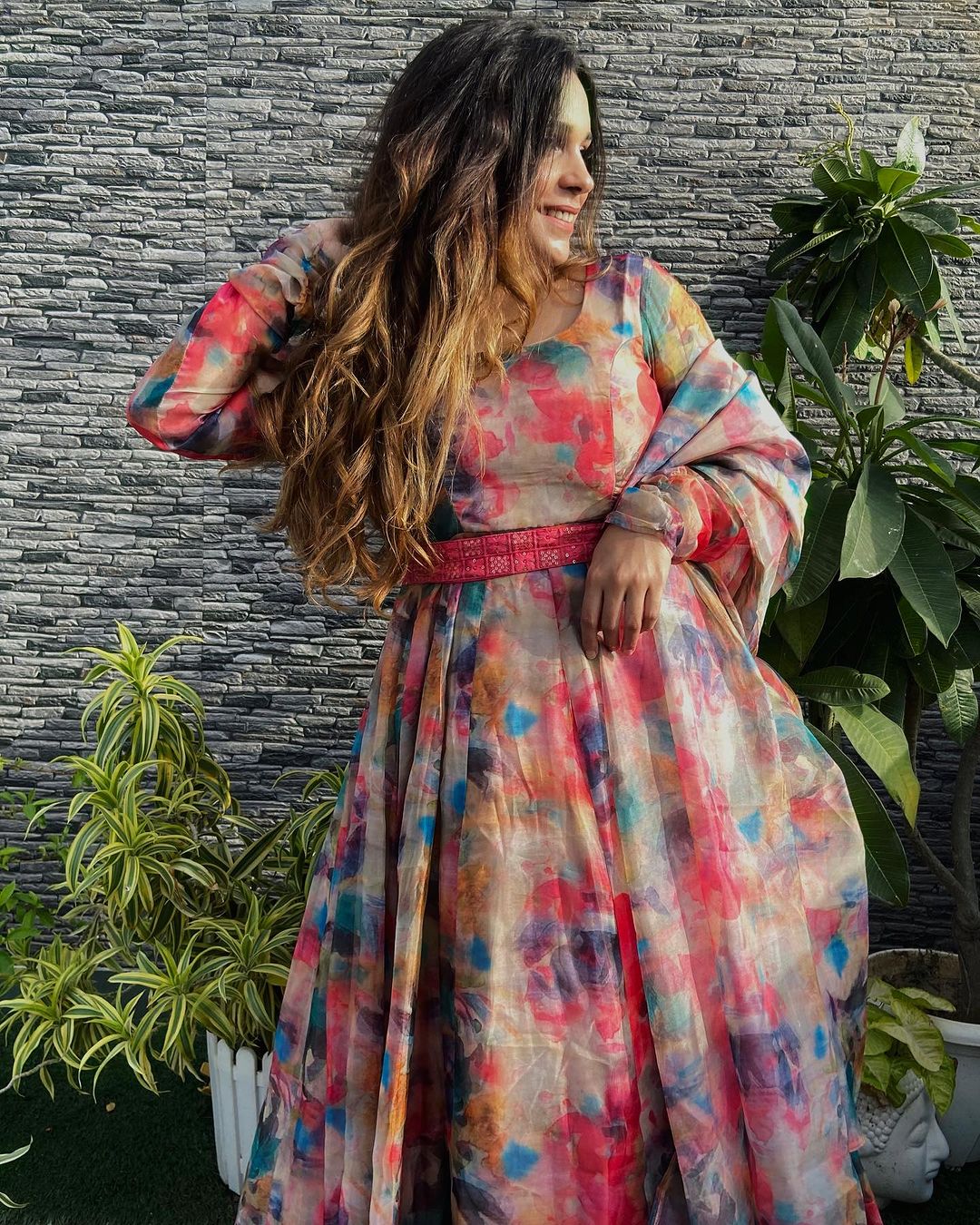 Radhika Khurana Red Multi Color Print Organza Three Piece Anarkali Suit