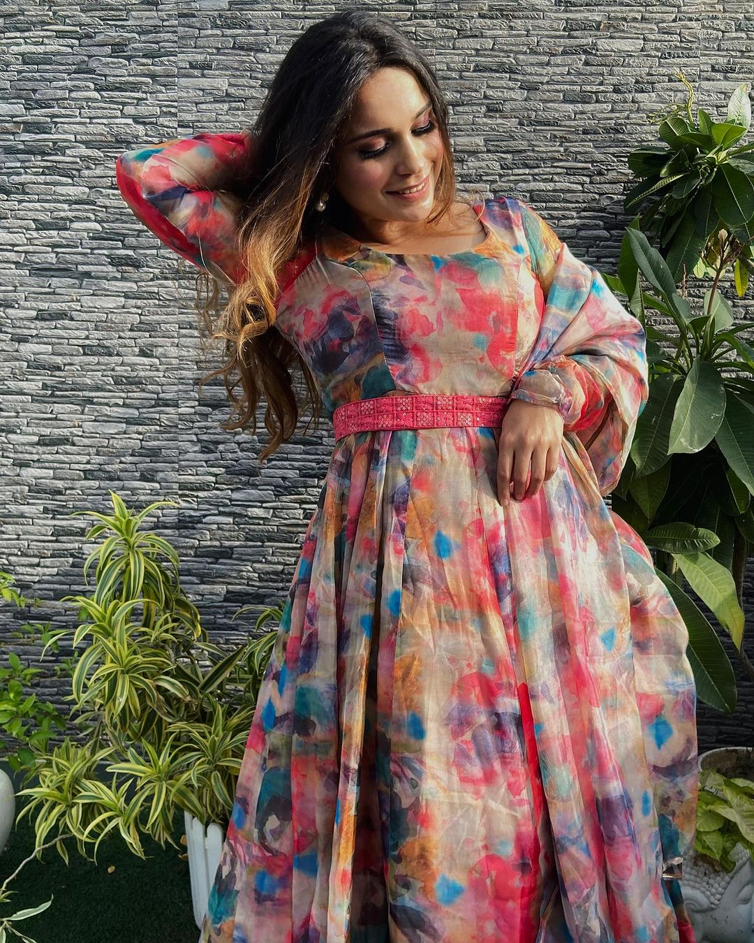 Radhika Khurana Red Multi Color Print Organza Three Piece Anarkali Suit