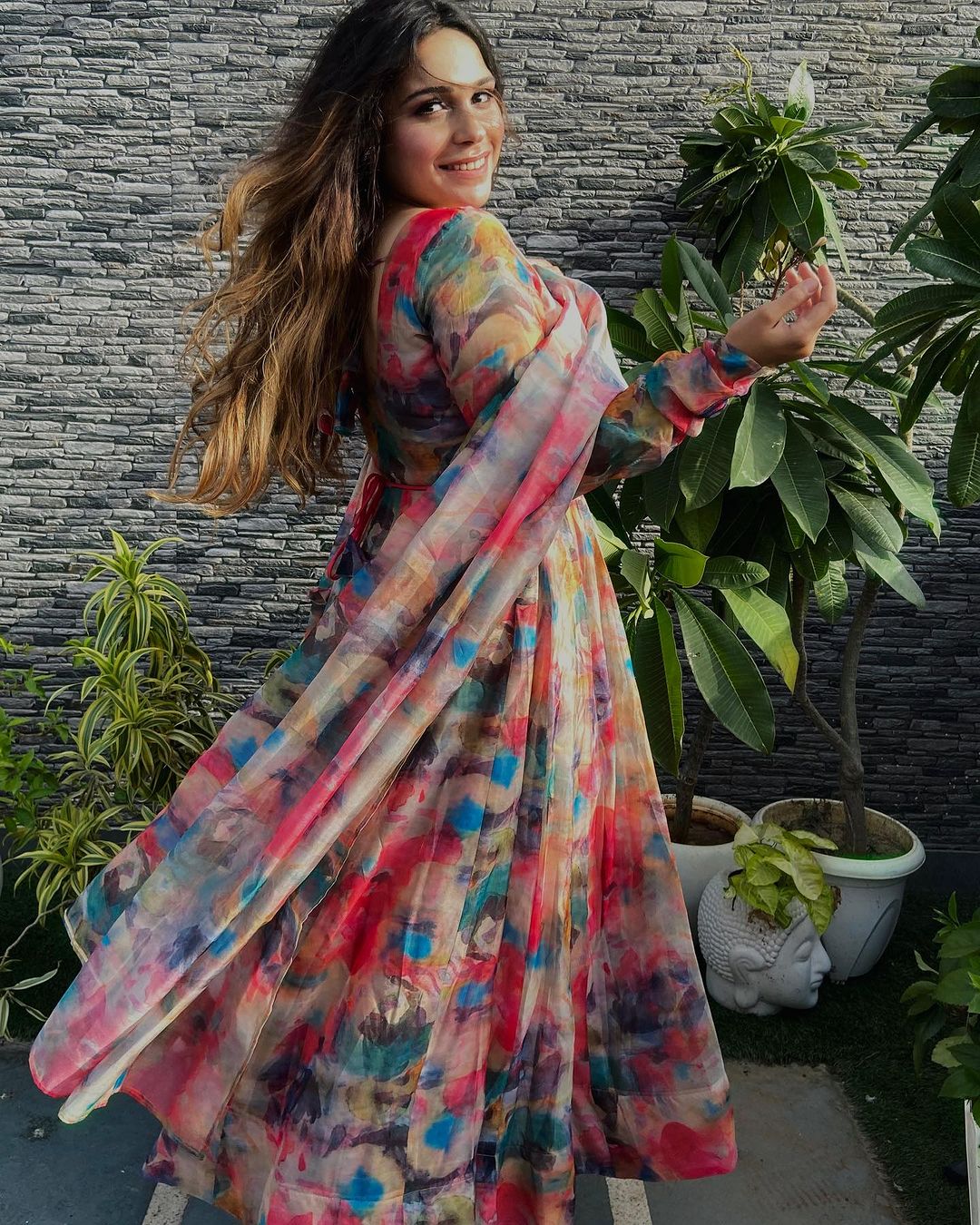 Radhika Khurana Red Multi Color Print Organza Three Piece Anarkali Suit