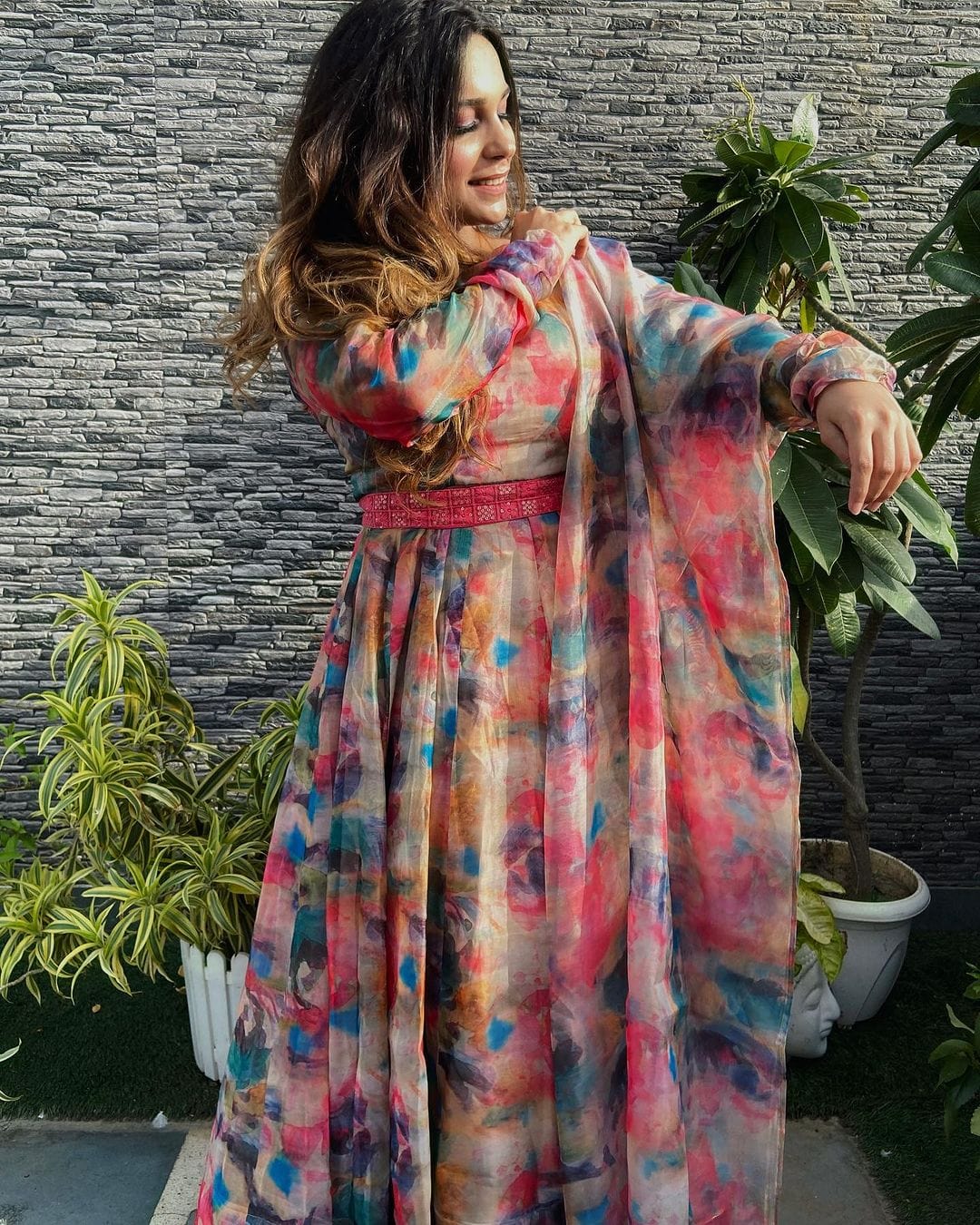 Radhika Khurana Red Multi Color Print Organza Three Piece Anarkali Suit