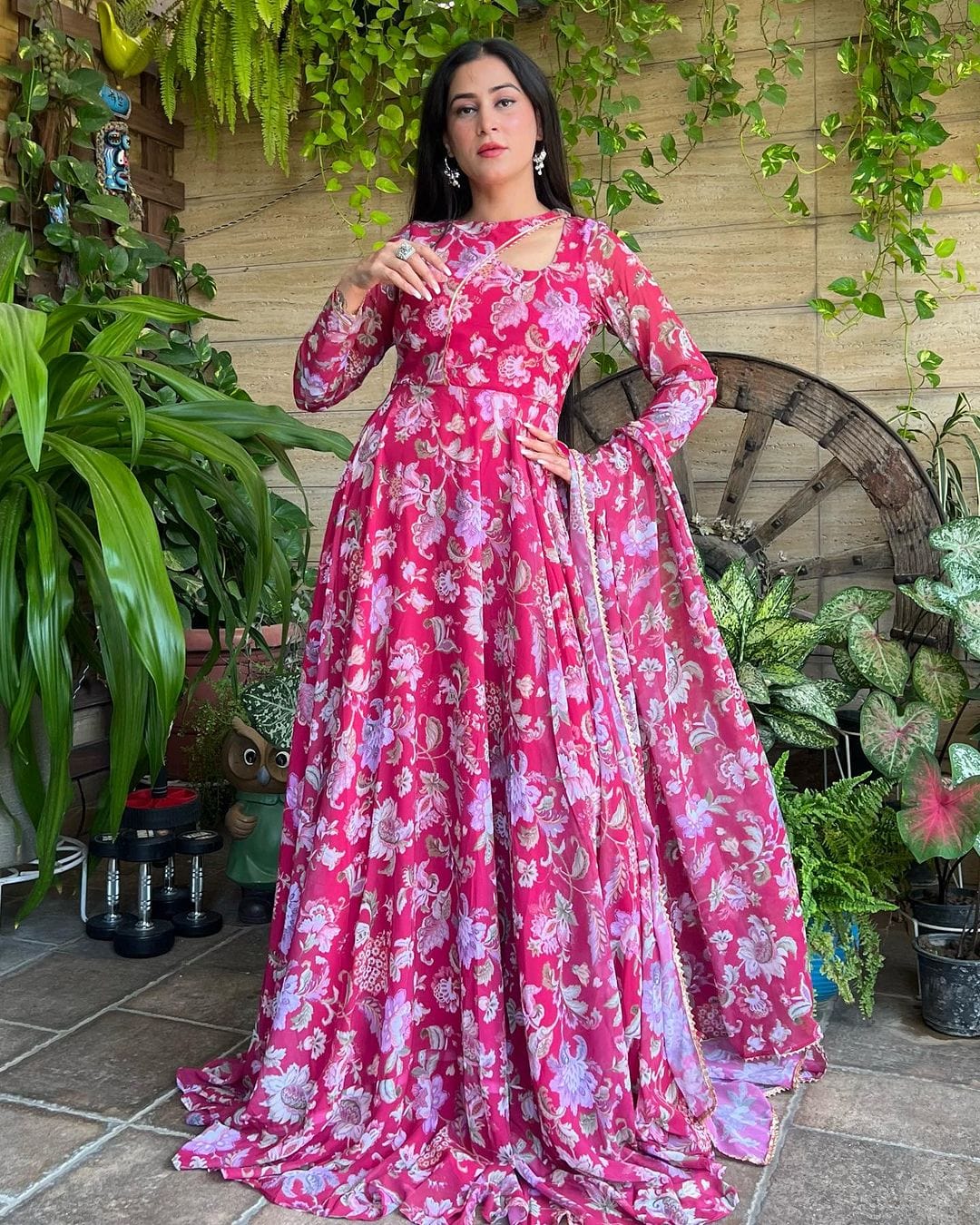 Isha Sharma Stylish Neck Design Soft Georgette Floral Pink Color Three Piece Anarkali Suit