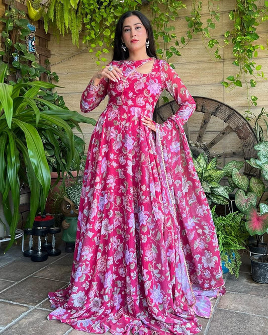 Isha Sharma Stylish Neck Design Soft Georgette Floral Pink Color Three Piece Anarkali Suit