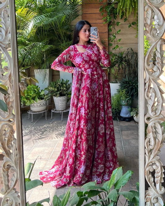 Isha Sharma Stylish Neck Design Soft Georgette Floral Pink Color Three Piece Anarkali Suit