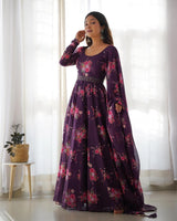Wine Purple Color Floral Print Soft Organza Silk Kali Cut Anarkali Suit