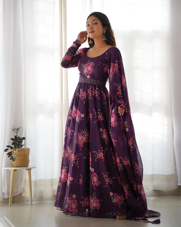 Wine Purple Color Floral Print Soft Organza Silk Kali Cut Anarkali Suit