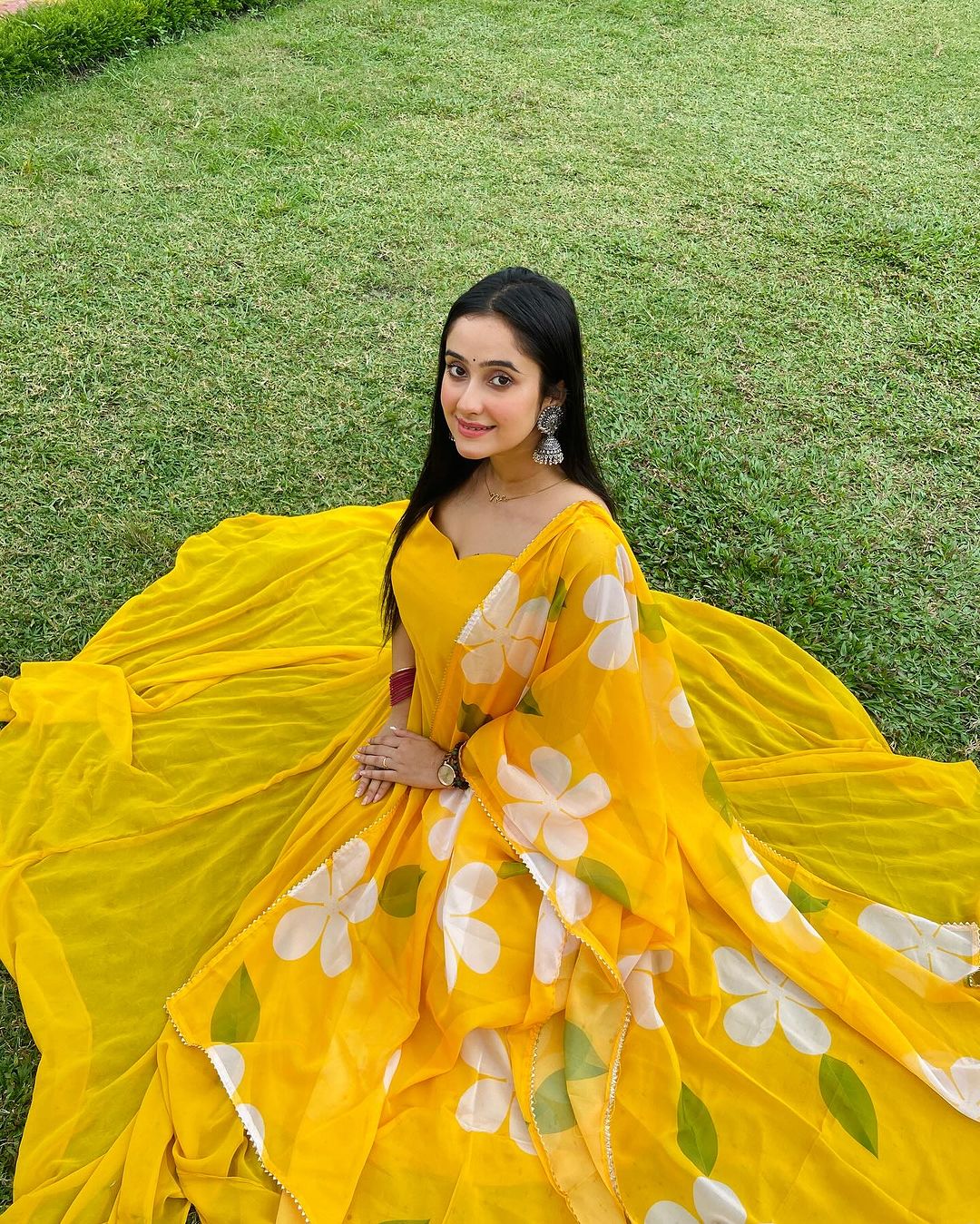 Neha Ghosh in Mustard Yellow Color Soft Georgette Anarkali Gown With Floral Printed Dupatta