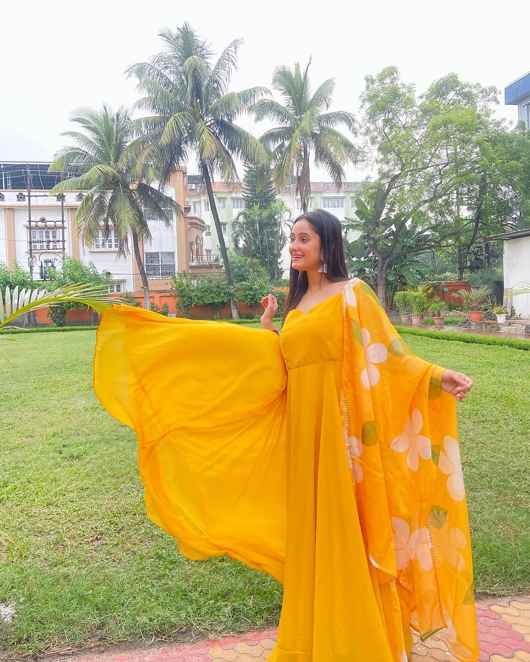 Neha Ghosh in Mustard Yellow Color Soft Georgette Anarkali Gown With Floral Printed Dupatta