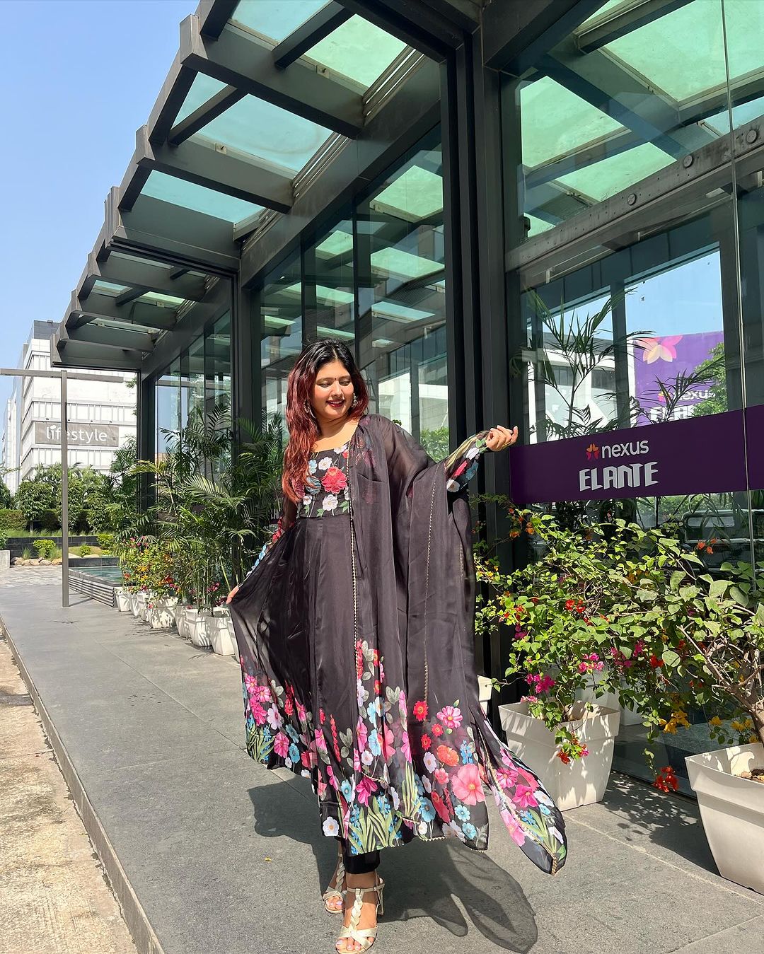 Shalini Singh in Black Floral Print Organza Three Piece Anarkali Suit