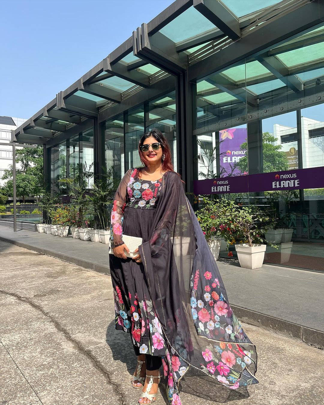 Shalini Singh in Black Floral Print Organza Three Piece Anarkali Suit