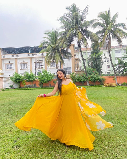 Neha Ghosh in Mustard Yellow Color Soft Georgette Anarkali Gown With Floral Printed Dupatta