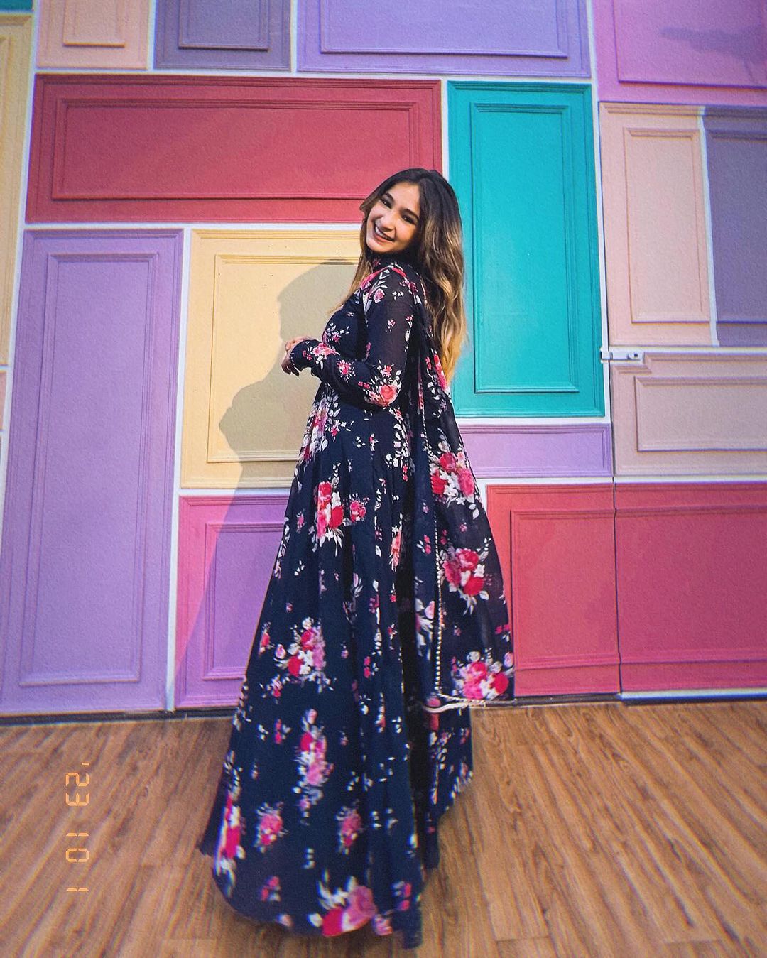 Kiran Rana In Floral Navy Blue Color Anarkali Suit