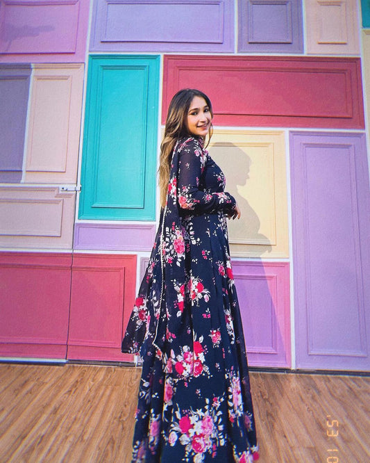 Kiran Rana In Floral Navy Blue Color Anarkali Suit