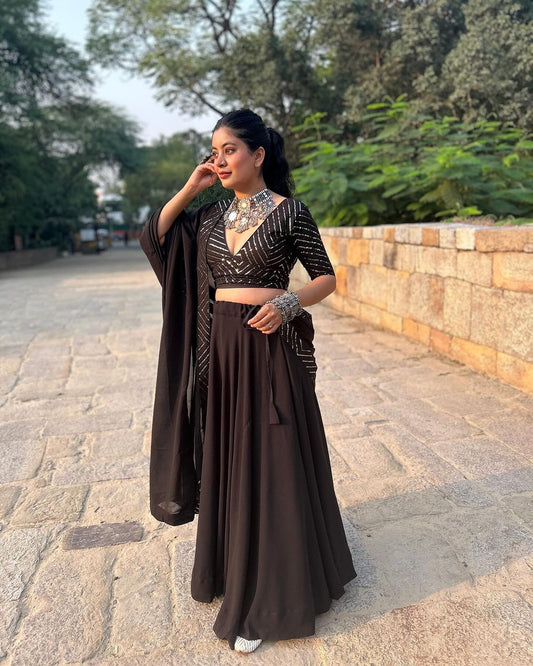 Tinaa in Black Full Flairy Pure Soft Georgette Full Stitched Lehenga Choli