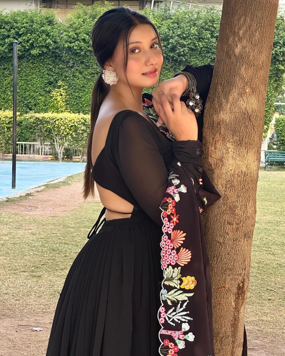 Khushi Verma in Black Colour Backless Anarkali Three Piece Suit