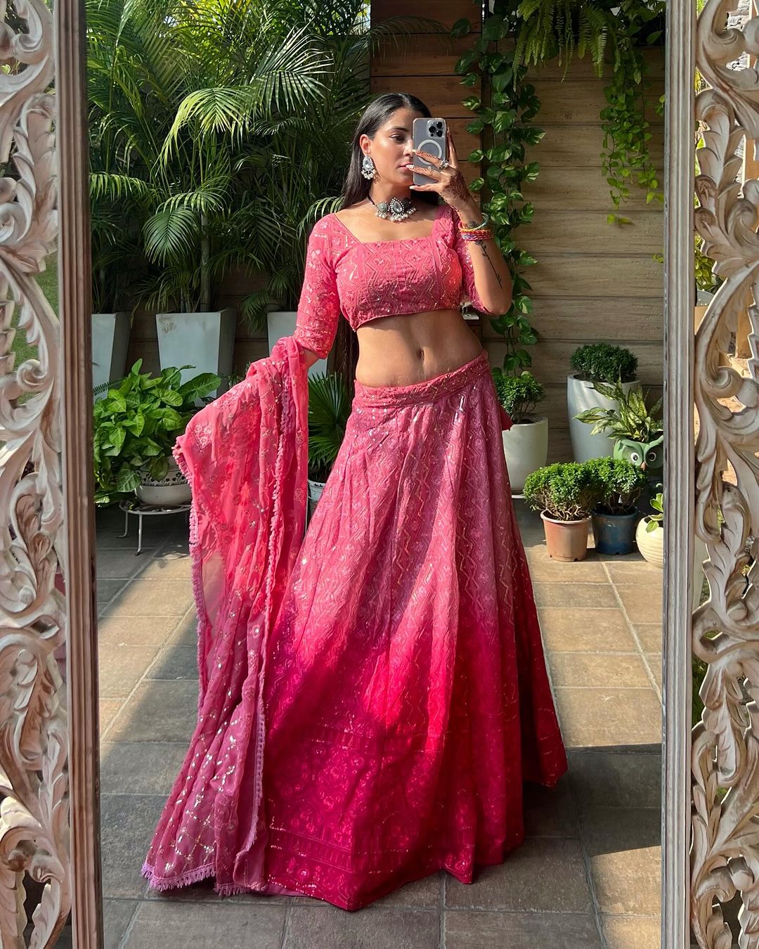 Isha Sharma in Pink Shaded Lucknowi Style Embroidered Soft Georgette Semi Stitched Lehenga Choli