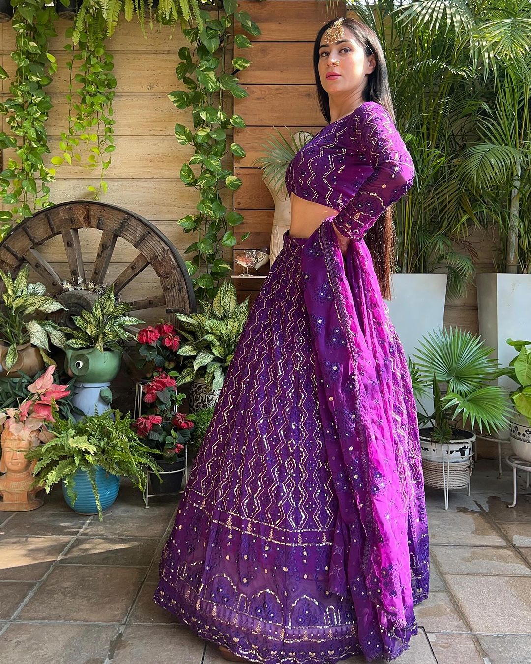 Isha Sharma in Purple Lucknowi Style Embroidered Soft Georgette Semi Stitched Lehenga Choli