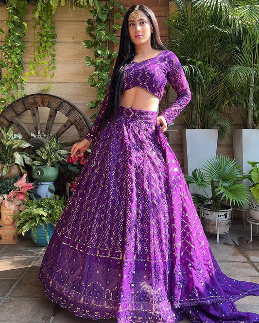 Isha Sharma in Purple Lucknowi Style Embroidered Soft Georgette Semi Stitched Lehenga Choli