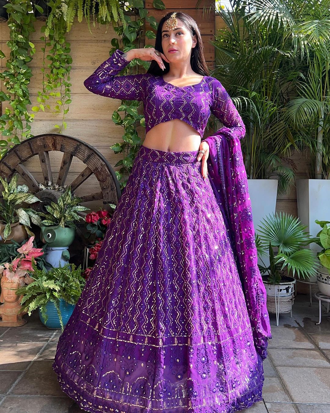 Isha Sharma in Purple Lucknowi Style Embroidered Soft Georgette Semi Stitched Lehenga Choli