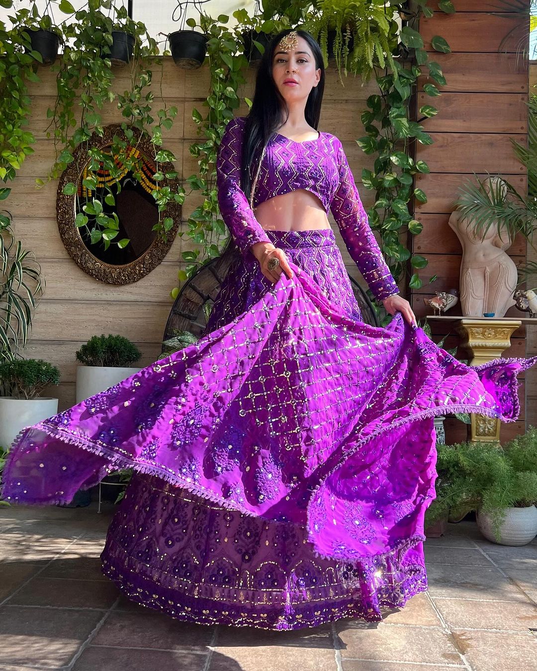 Isha Sharma in Purple Lucknowi Style Embroidered Soft Georgette Semi Stitched Lehenga Choli