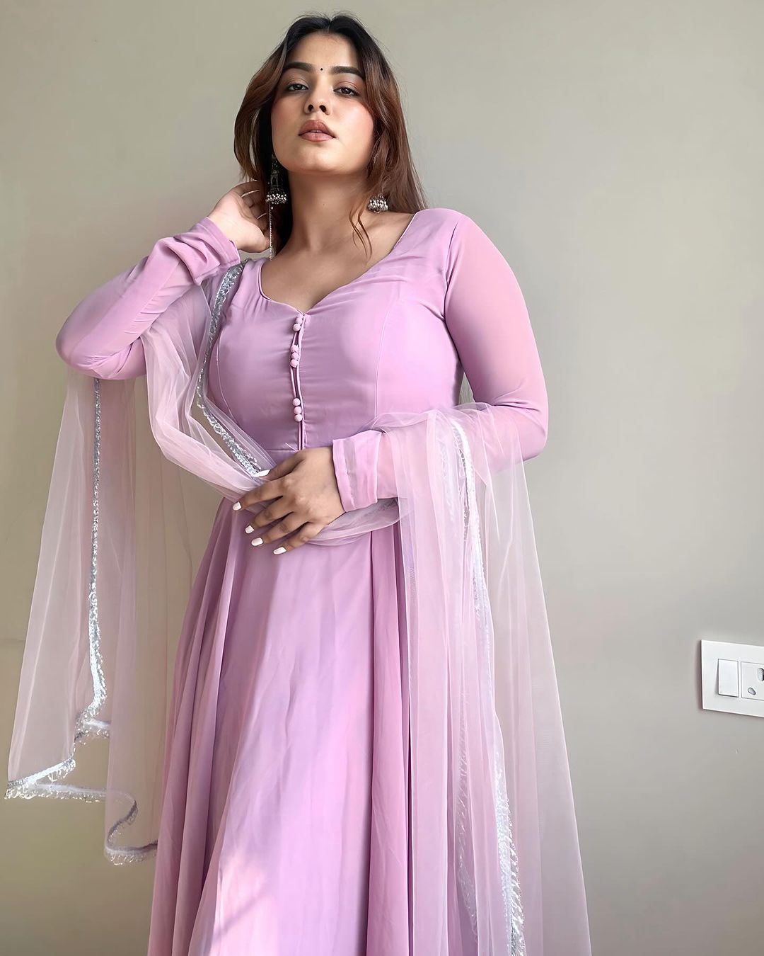 Kanak Mishra in Onion Colour Anarkali Three Piece Suit