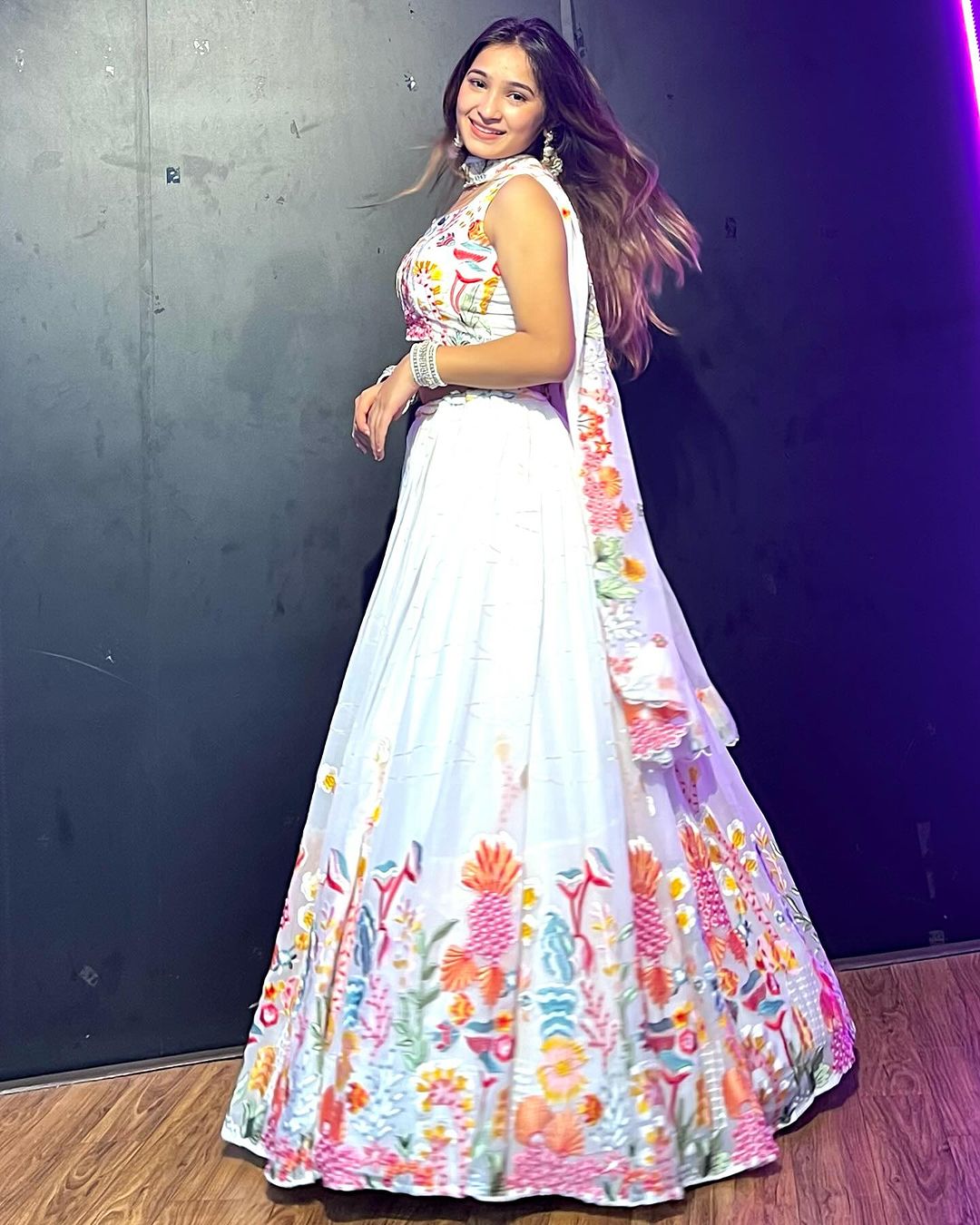 Kiran Rana in White Floral Nine Color Threaded Embroidered Soft Georgette Semi Stitched Lehenga Choli