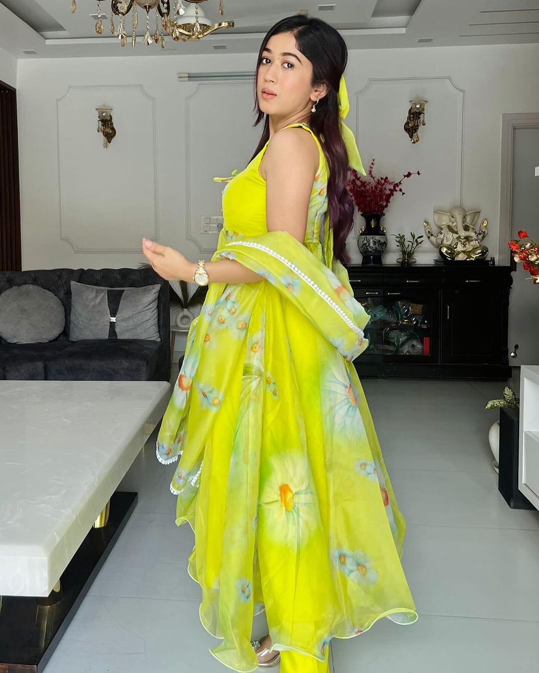 Neon Color Printed Soft Organza Anarkali Three Piece Suit