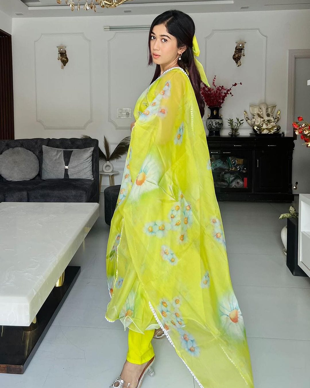 Neon Color Printed Soft Organza Anarkali Three Piece Suit